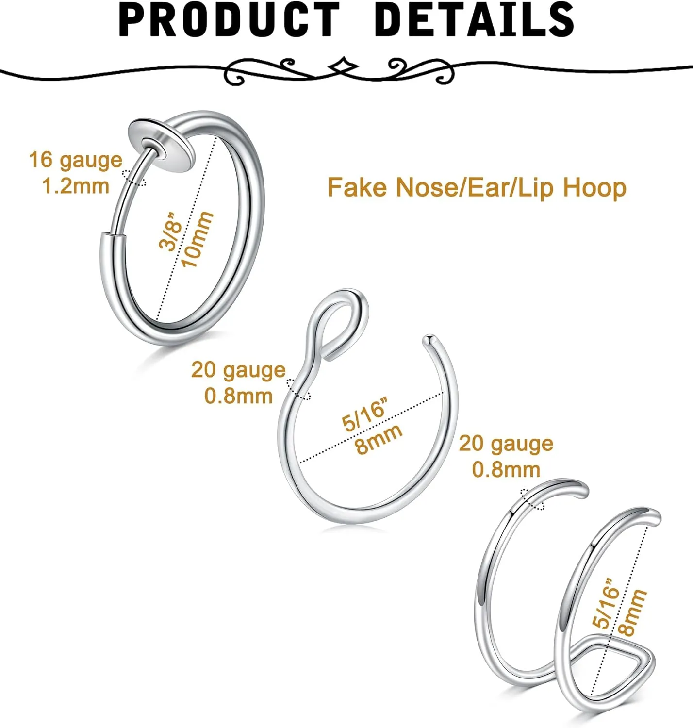 MODRSA Fake Nose Stud Fake Nose Ring Stud Fake Nose Piercing Fake Lip Ring Fake Earrings Stud Silver Gold Fake Cartilage Helix Earring Clip on Earring Hoop Fake Eyebrow Ring Fake Bridge Piercing