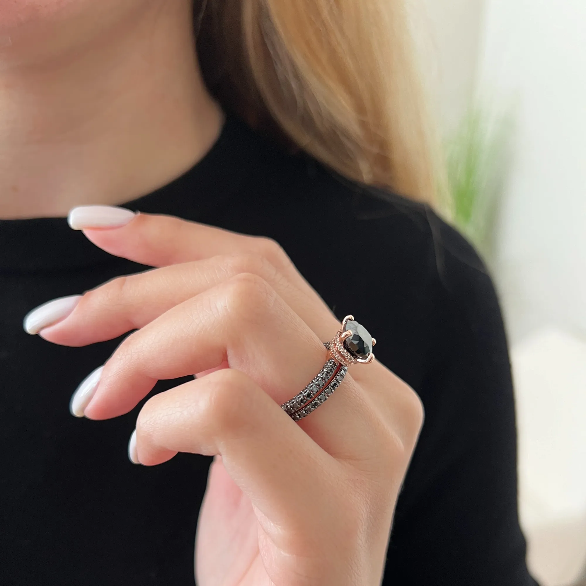 Monoceros Pave  2-Sided  Natural Black Diamond  Engagement Ring  in Yellow Gold