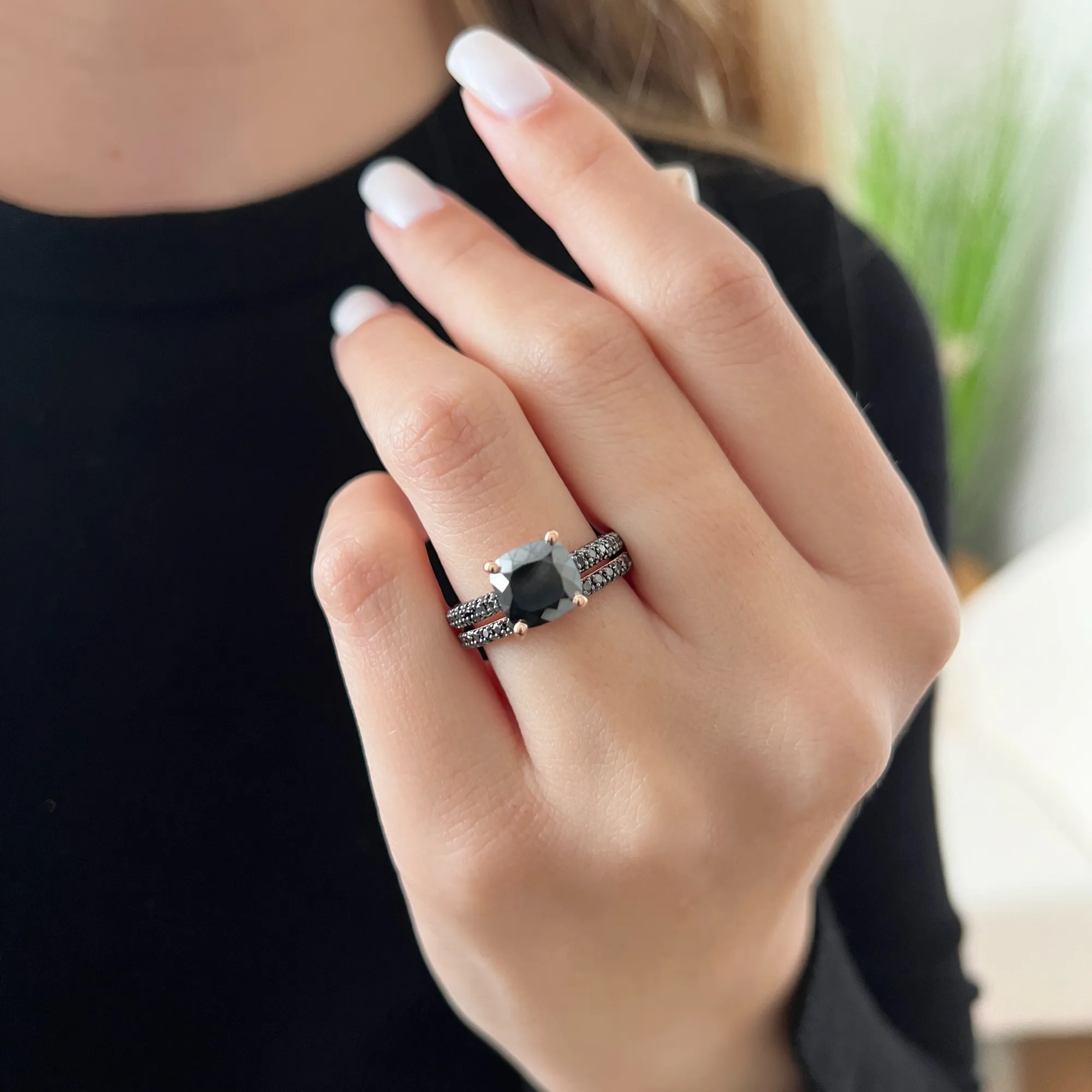 Monoceros Pave  2-Sided  Natural Black Diamond  Engagement Ring  in Yellow Gold