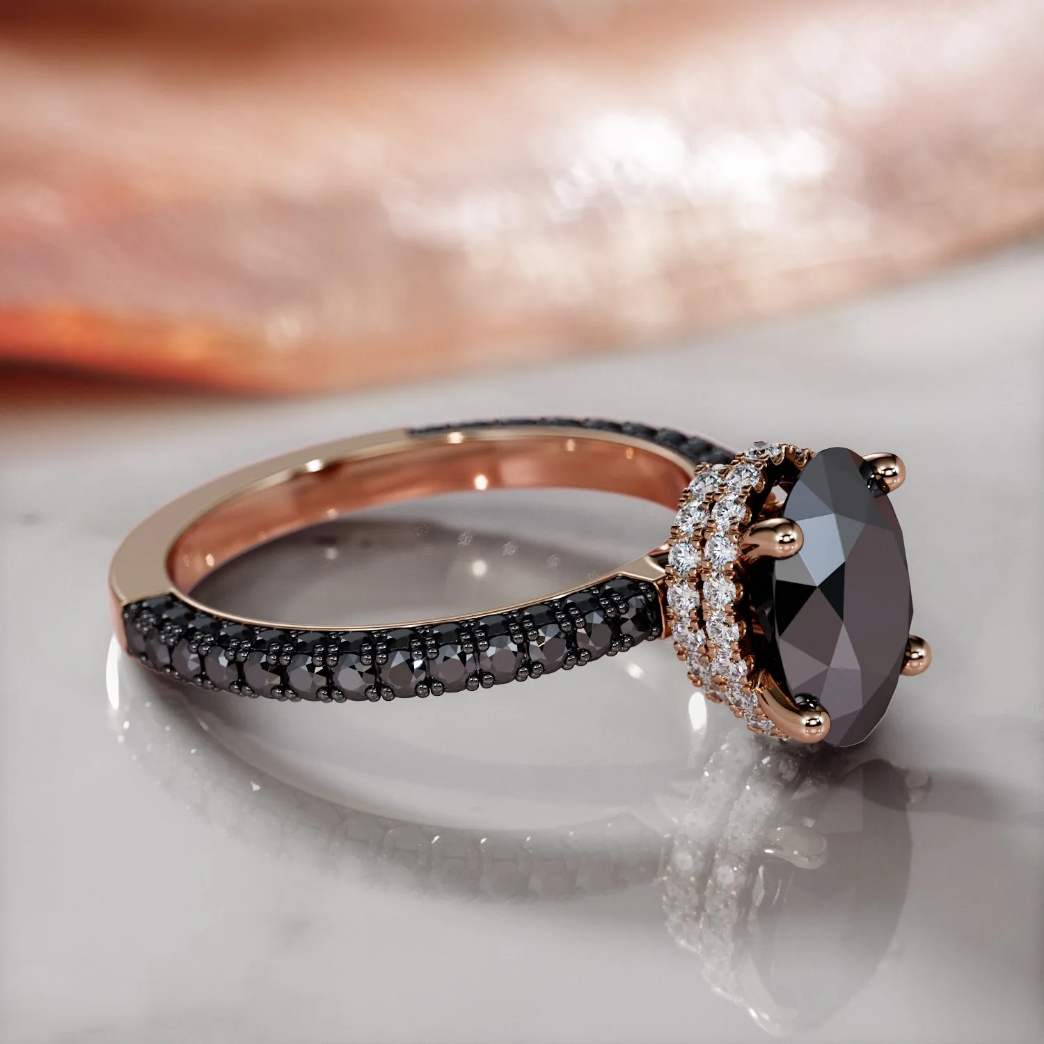 Musta Magia - Oval  Black Diamond Engagement Ring- Black Diamond Natural Black Diamond Oval Engagement Ring in Rose Gold