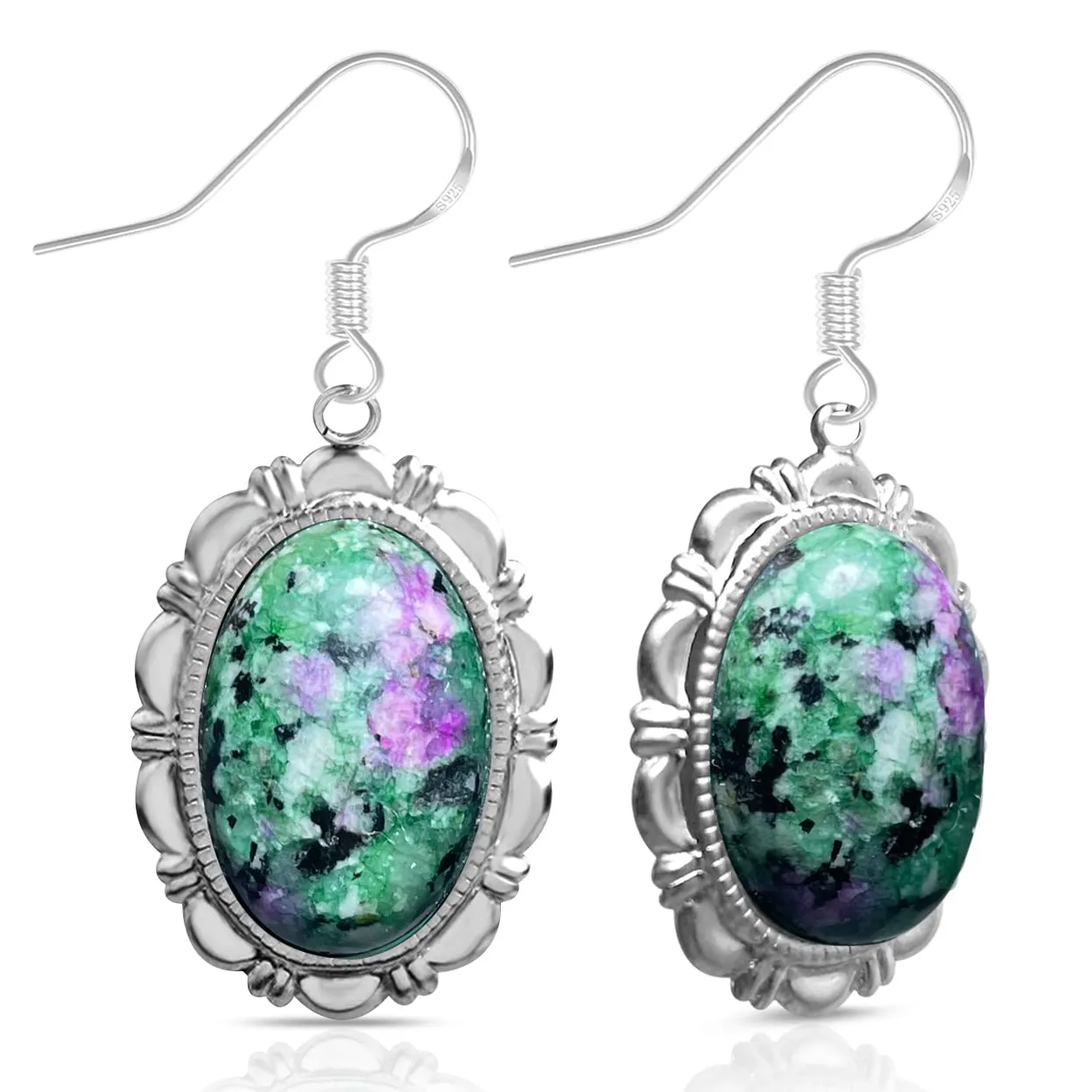 Natural Oval Gemstone Drop Earrings,S925 Sterling Silver Genuine Stone Boho Statement Dangle Earrings Jewelry Gift for Women Girls (G_Epidote)