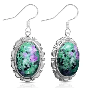 Natural Oval Gemstone Drop Earrings,S925 Sterling Silver Genuine Stone Boho Statement Dangle Earrings Jewelry Gift for Women Girls (G_Epidote)