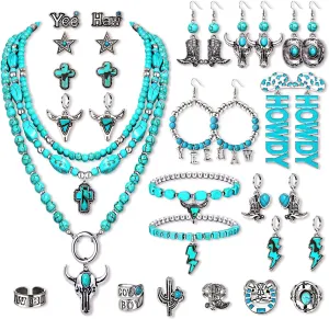 NVENF Western Jewelry Set for Women - Bohemia Turquoise Collar Necklace, Cowboy Boot Howdy Hoop Dangle Earrings, Beaded Stretch Bracelet, Joint Knuckle Rings - Cowgirl Jewelry