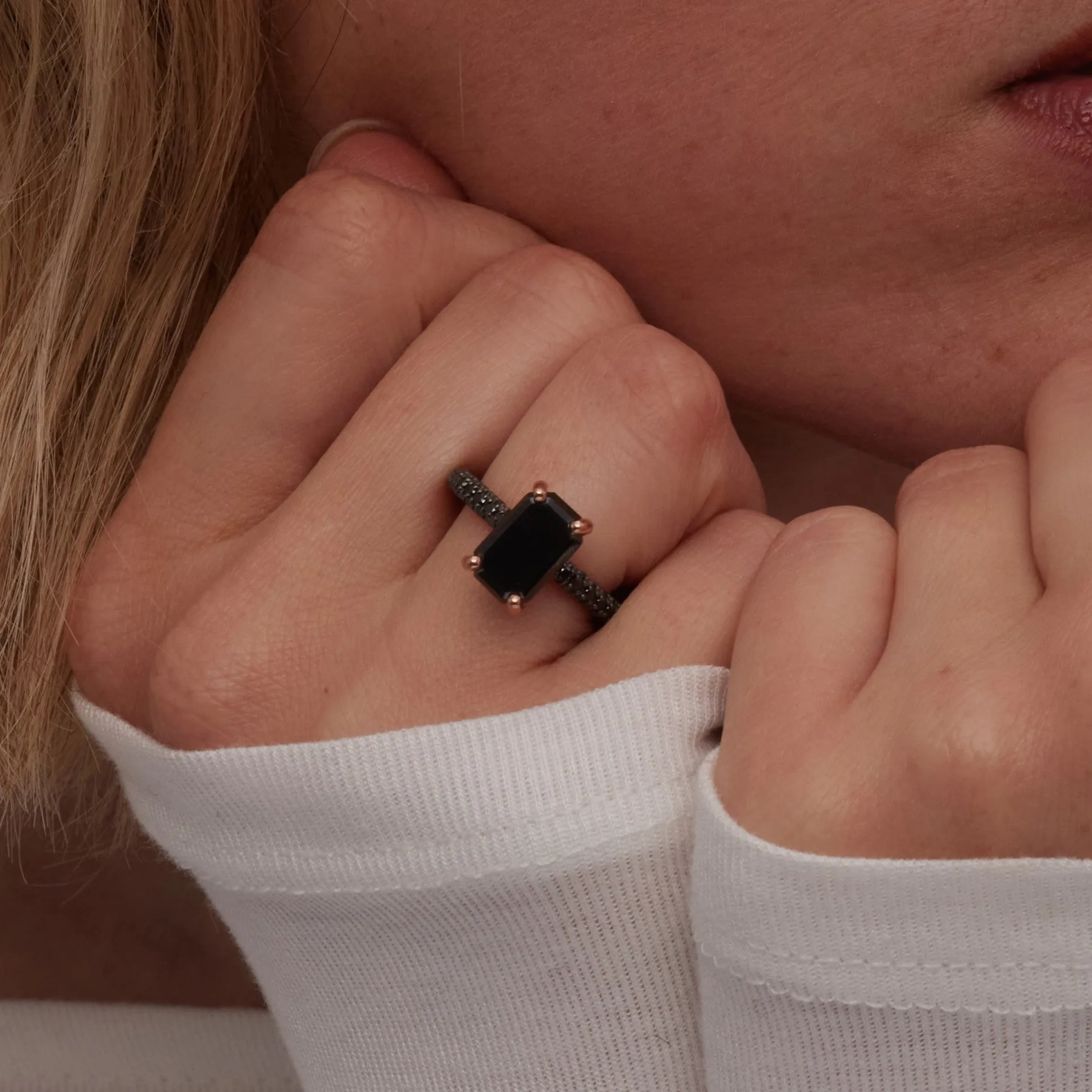 Oscura Magia- Black Diamond  Natural Black Diamond Emerald Cut Engagement Ring  in Yellow Gold