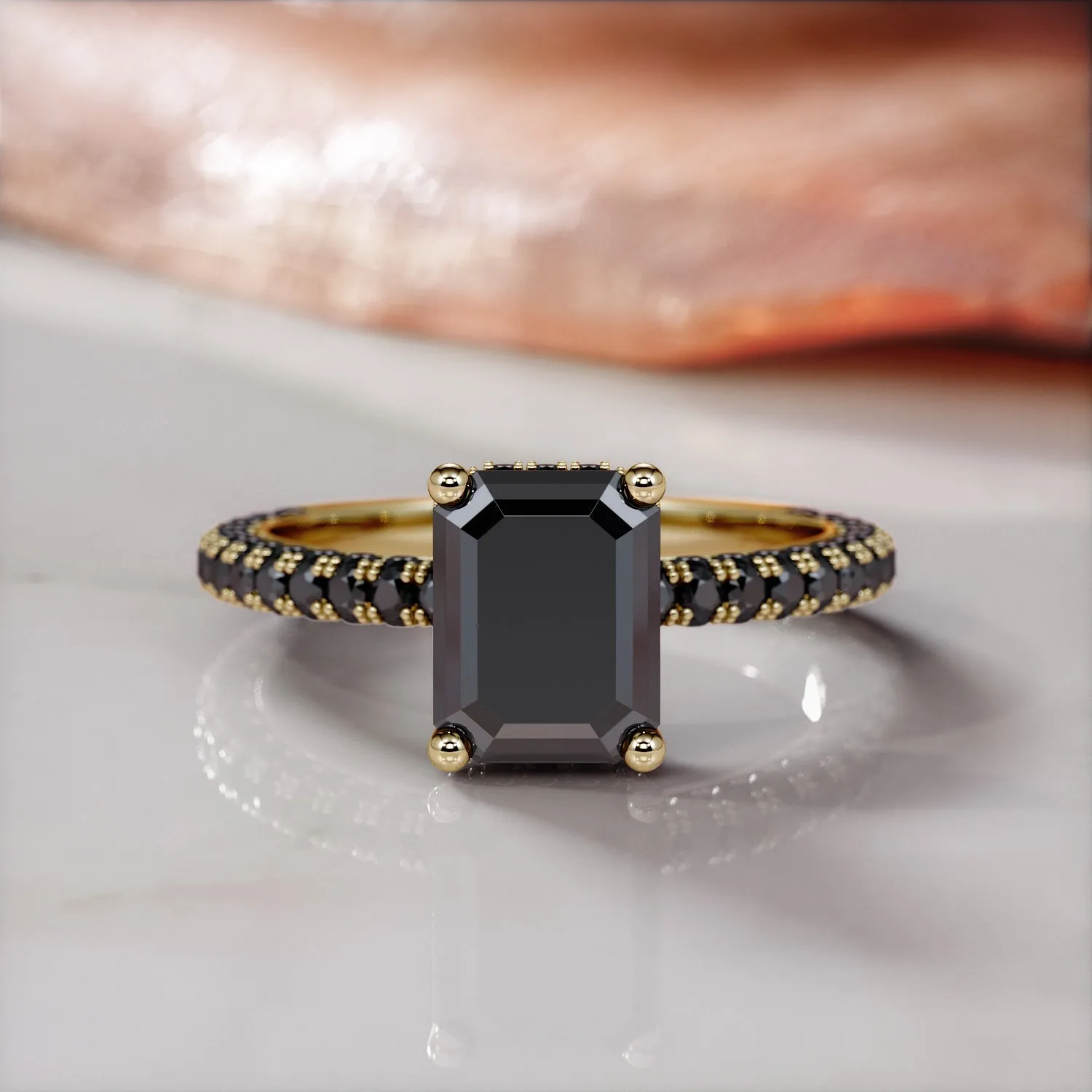 Oscura Magia- Black Diamond  Natural Black Diamond Emerald Cut Engagement Ring  in Yellow Gold