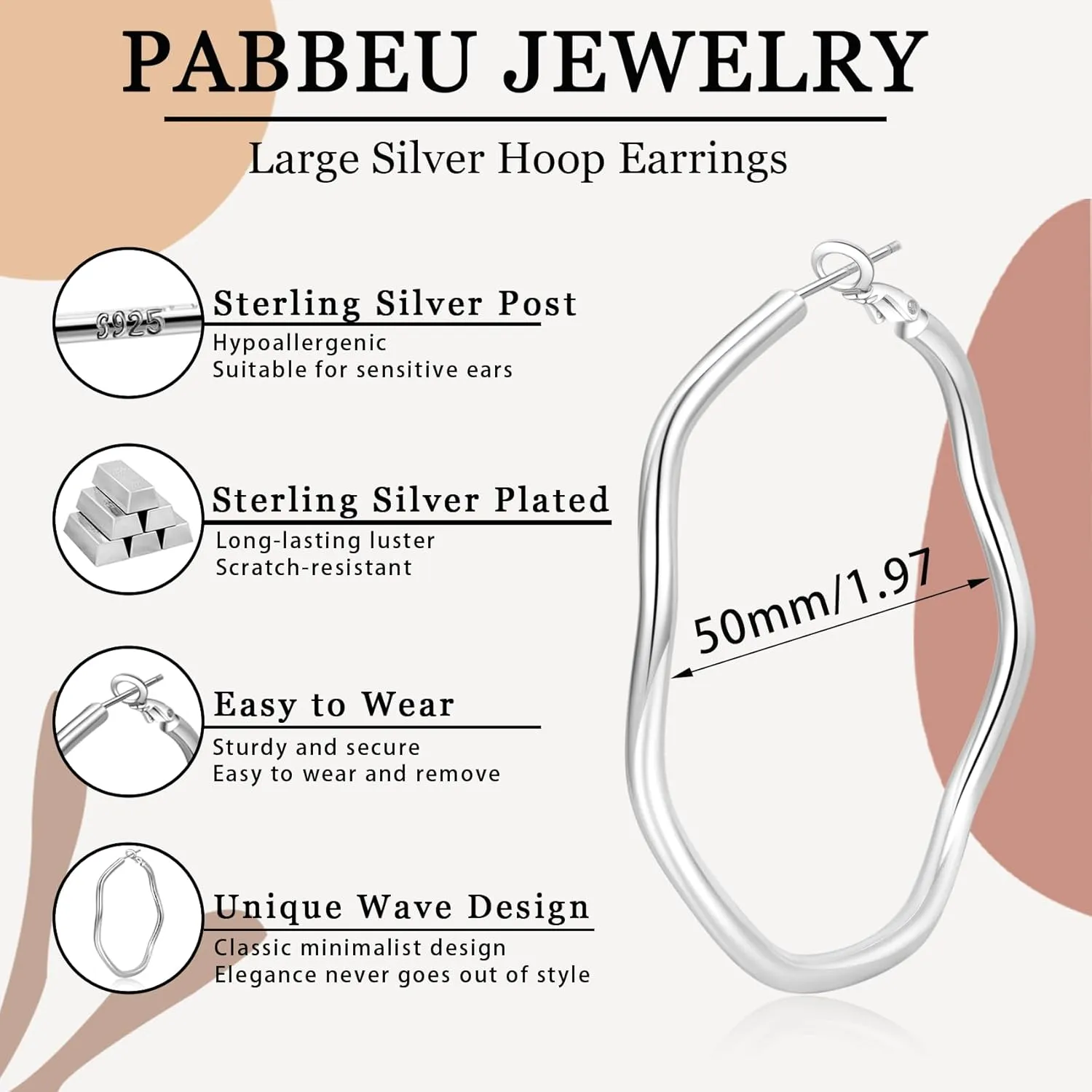 PABBEU Silver Hoop Earrings Hypoallergenic 925 Sterling Silver Hoop Earrings Wave Design Large Silver Earrings Hoops Lightweight Big Silver Earrings for Women 40/50/60mm