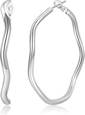 PABBEU Silver Hoop Earrings Hypoallergenic 925 Sterling Silver Hoop Earrings Wave Design Large Silver Earrings Hoops Lightweight Big Silver Earrings for Women 40/50/60mm