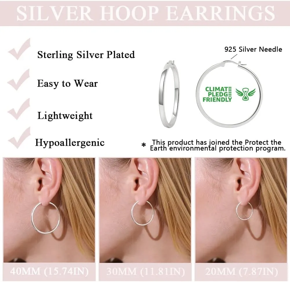 PABBEU Sterling Silver Hoop Earrings, 3 Pair Lightweight Small & Medium Silver Hoop Earrings, Hypoallergenic 20mm & 30mm