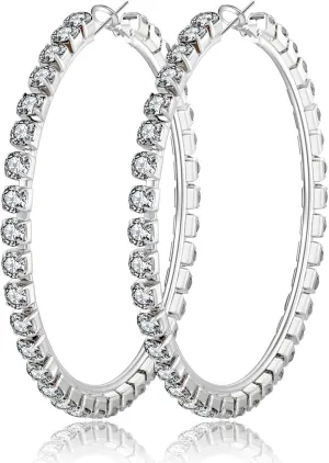 PABBEU Sterling Silver Hoop Earrings Large Rhinestone Hoop Earrings Lightweight Silver Hoop Earrings for Women Hypoallergenic Big Hoop Earrings for Women 20/30/40/50/60/70mm