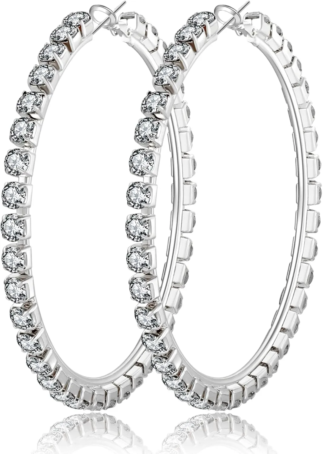 PABBEU Sterling Silver Hoop Earrings Large Rhinestone Hoop Earrings Lightweight Silver Hoop Earrings for Women Hypoallergenic Big Hoop Earrings for Women 20/30/40/50/60/70mm