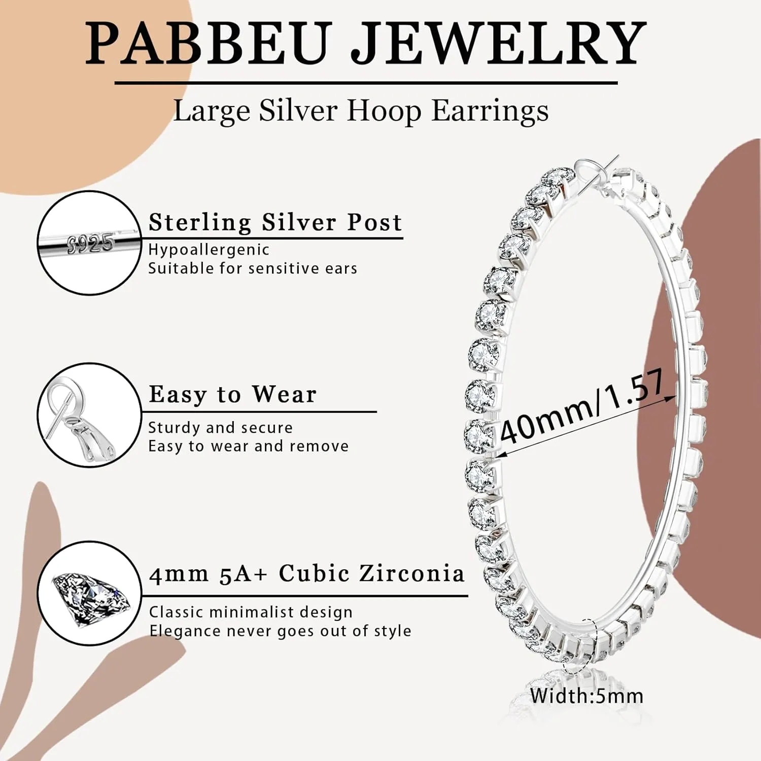 PABBEU Sterling Silver Hoop Earrings Large Rhinestone Hoop Earrings Lightweight Silver Hoop Earrings for Women Hypoallergenic Big Hoop Earrings for Women 20/30/40/50/60/70mm