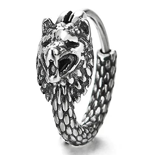 Pair Mens Steel Vintage Snake Scales Pattern Circle Huggie Hinged Hoop Earrings with Wolf Head