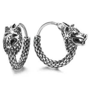 Pair Mens Steel Vintage Snake Scales Pattern Circle Huggie Hinged Hoop Earrings with Wolf Head
