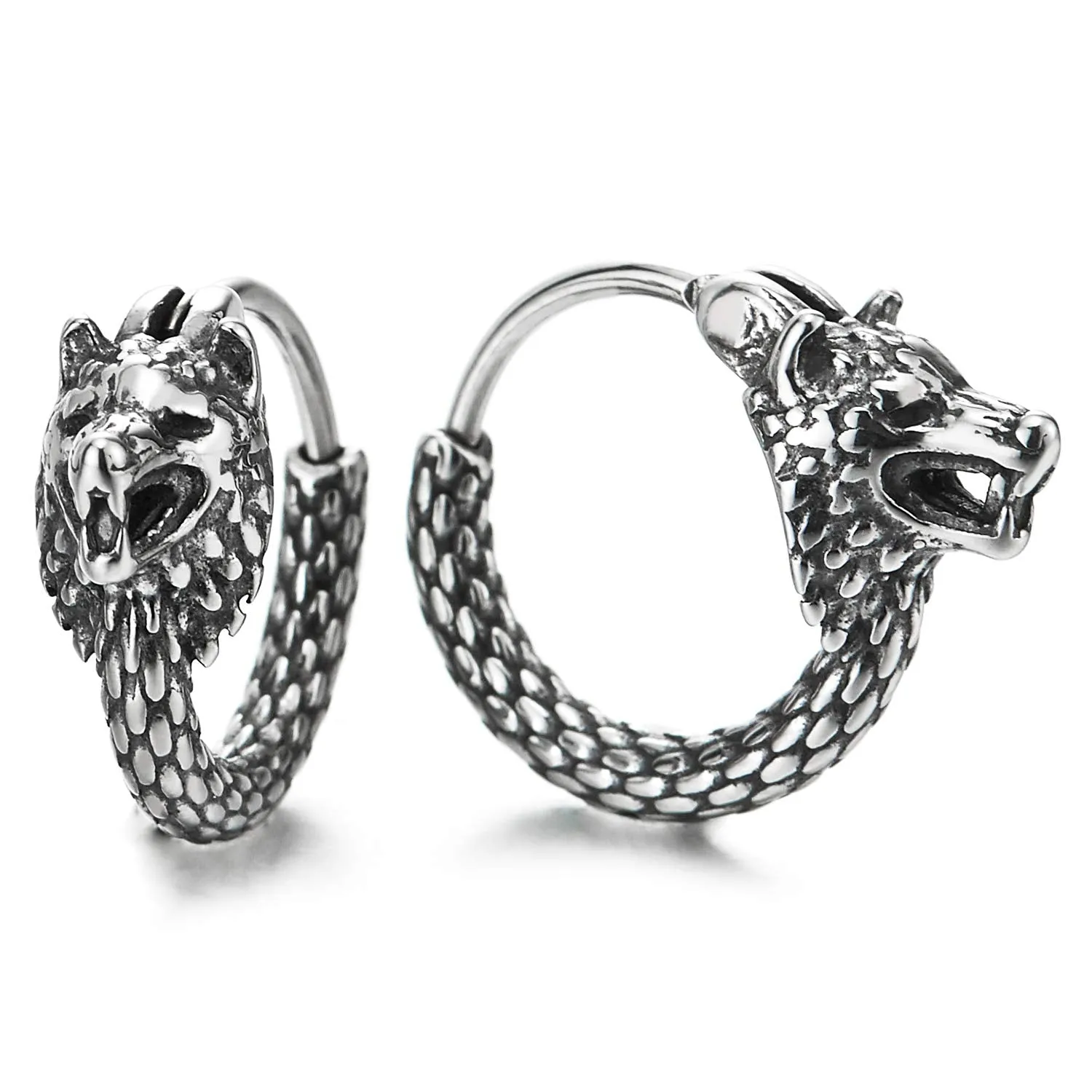 Pair Mens Steel Vintage Snake Scales Pattern Circle Huggie Hinged Hoop Earrings with Wolf Head