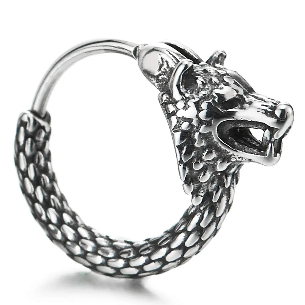 Pair Mens Steel Vintage Snake Scales Pattern Circle Huggie Hinged Hoop Earrings with Wolf Head