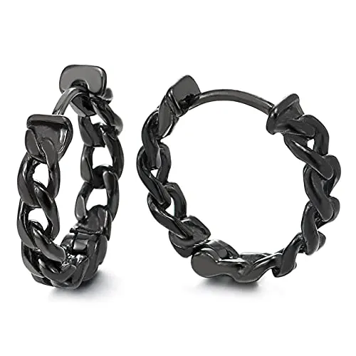 Pair Stainless Steel Vintage Tribal Curb Chain Wreath Huggie Hinged Hoop Earrings Unisex Men Women