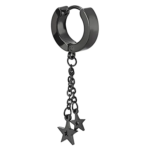 Pair Women Steel Black Huggie Hinged Hoop Earrings with Two Dangling Chain and Stars Pentagrams