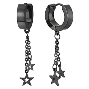 Pair Women Steel Black Huggie Hinged Hoop Earrings with Two Dangling Chain and Stars Pentagrams