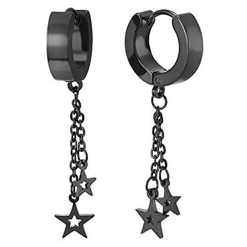 Pair Women Steel Black Huggie Hinged Hoop Earrings with Two Dangling Chain and Stars Pentagrams