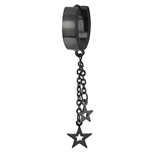 Pair Women Steel Black Huggie Hinged Hoop Earrings with Two Dangling Chain and Stars Pentagrams