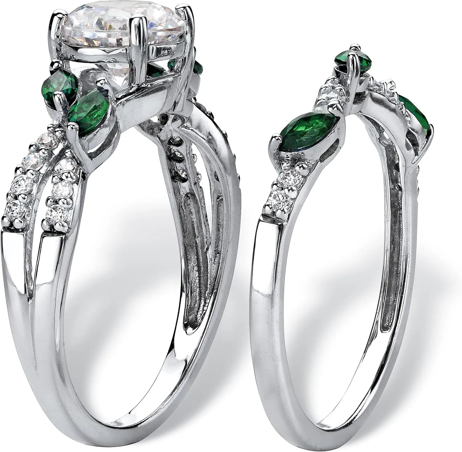 Palm Beach Jewelry Platinum over Sterling Silver Round Cubic Zirconia with Marquise Green Emerald Twisted Vine Bridal Ring Set