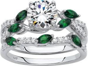 Palm Beach Jewelry Platinum over Sterling Silver Round Cubic Zirconia with Marquise Green Emerald Twisted Vine Bridal Ring Set