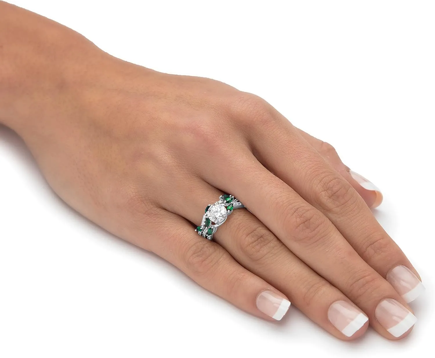 Palm Beach Jewelry Platinum over Sterling Silver Round Cubic Zirconia with Marquise Green Emerald Twisted Vine Bridal Ring Set