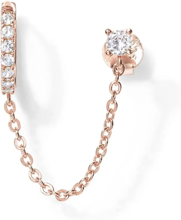 PAVOI 14K Gold Chain Earrings for Women | Double Piercing Dangle Chain Huggie Hoop Earrings | Cubic Zirconia Pearl Stud Ear Cuff Earrings for Women