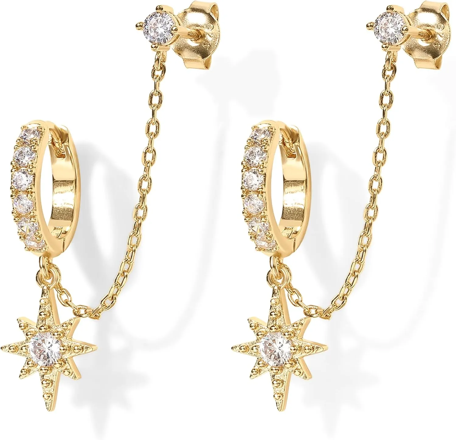 PAVOI 14K Gold Chain Earrings for Women | Double Piercing Dangle Chain Huggie Hoop Earrings | Cubic Zirconia Pearl Stud Ear Cuff Earrings for Women