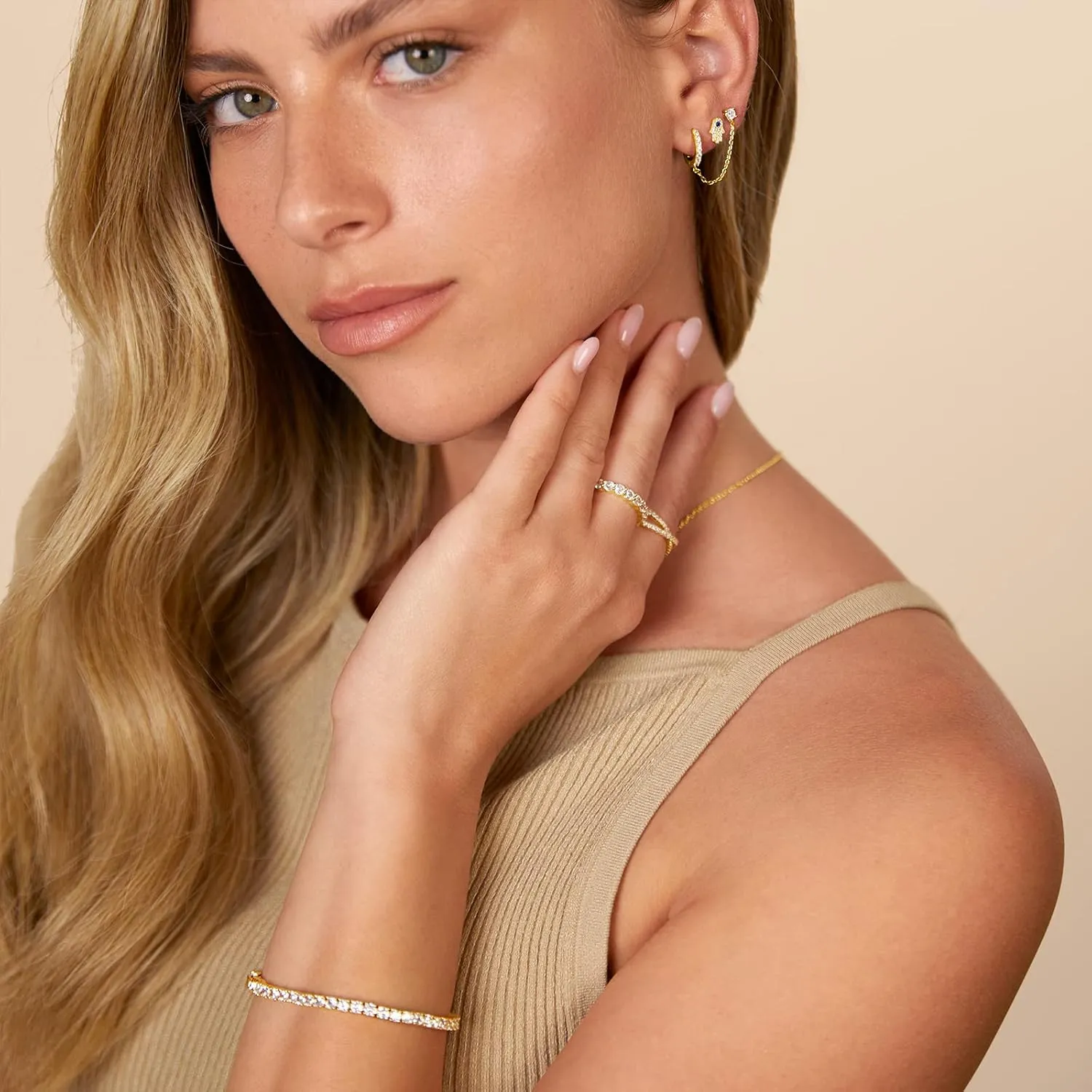 PAVOI 14K Gold Chain Earrings for Women | Double Piercing Dangle Chain Huggie Hoop Earrings | Cubic Zirconia Pearl Stud Ear Cuff Earrings for Women