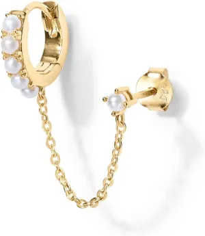 PAVOI 14K Gold Chain Earrings for Women | Double Piercing Dangle Chain Huggie Hoop Earrings | Cubic Zirconia Pearl Stud Ear Cuff Earrings for Women