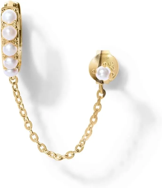 PAVOI 14K Gold Chain Earrings for Women | Double Piercing Dangle Chain Huggie Hoop Earrings | Cubic Zirconia Pearl Stud Ear Cuff Earrings for Women