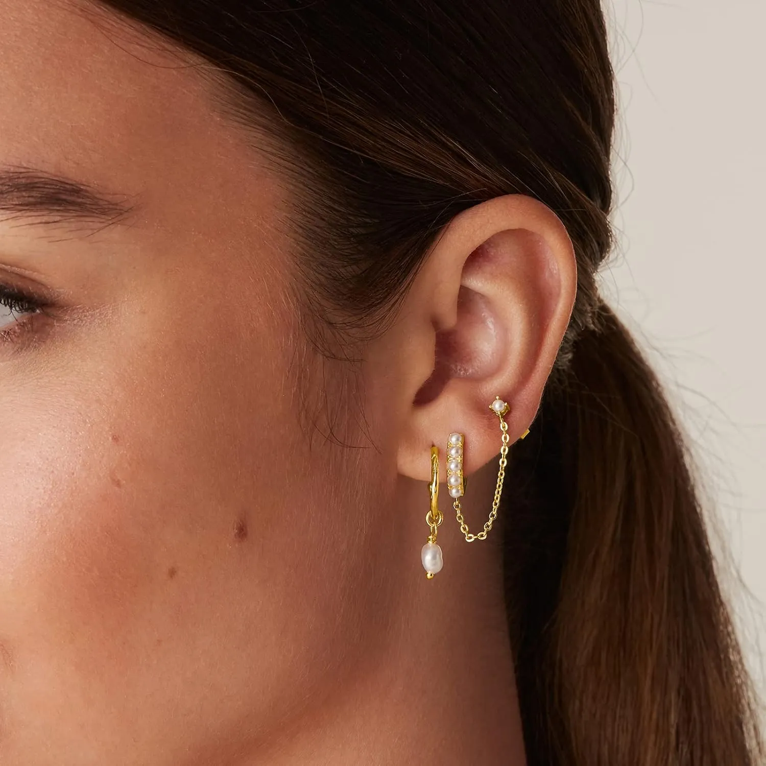 PAVOI 14K Gold Chain Earrings for Women | Double Piercing Dangle Chain Huggie Hoop Earrings | Cubic Zirconia Pearl Stud Ear Cuff Earrings for Women