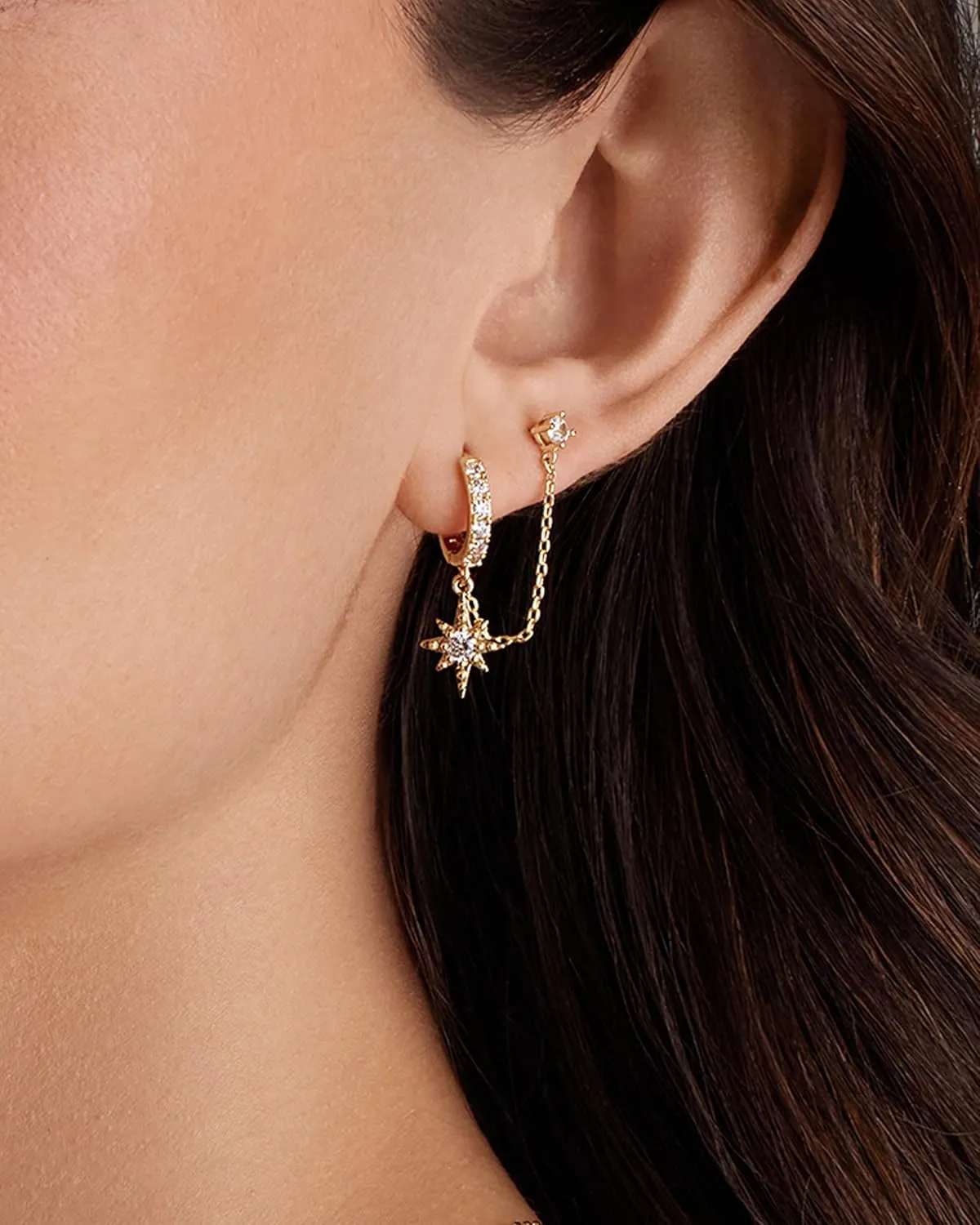 PAVOI 14K Gold Chain Earrings for Women | Double Piercing Dangle Chain Huggie Hoop Earrings | Cubic Zirconia Pearl Stud Ear Cuff Earrings for Women