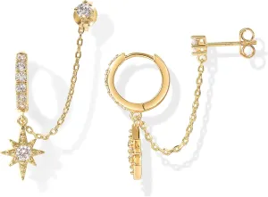 PAVOI 14K Gold Chain Earrings for Women | Double Piercing Dangle Chain Huggie Hoop Earrings | Cubic Zirconia Pearl Stud Ear Cuff Earrings for Women
