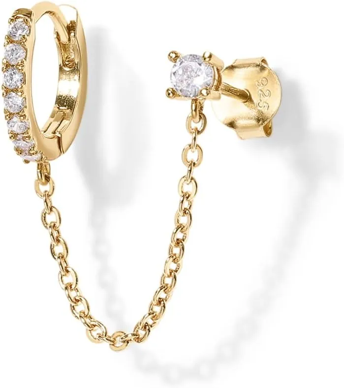PAVOI 14K Gold Chain Earrings for Women | Double Piercing Dangle Chain Huggie Hoop Earrings | Cubic Zirconia Pearl Stud Ear Cuff Earrings for Women