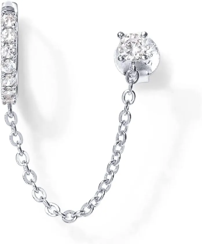 PAVOI 14K Gold Chain Earrings for Women | Double Piercing Dangle Chain Huggie Hoop Earrings | Cubic Zirconia Pearl Stud Ear Cuff Earrings for Women
