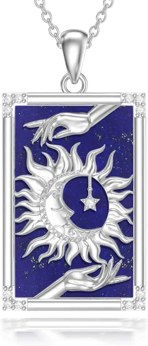 PELOVNY Sun Moon Star Necklace 925 Sterling Silver Tarot Card Lapis Lazuli Pendant Necklace Sun And Moon Jewelry Gifts for Women