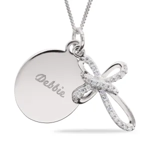 Personalised Oval Disc Pendant with CZ Cross Necklace in Silver