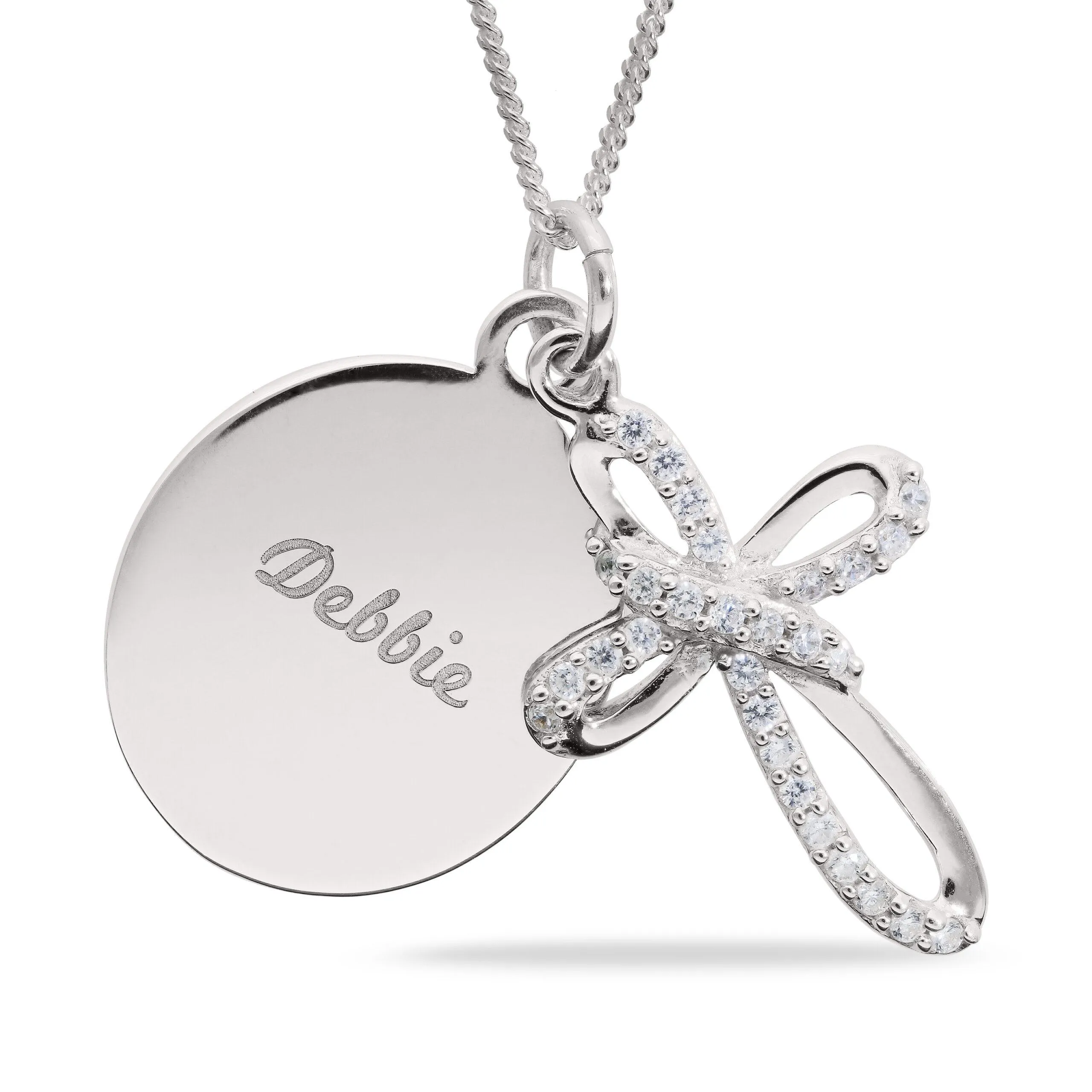 Personalised Oval Disc Pendant with CZ Cross Necklace in Silver