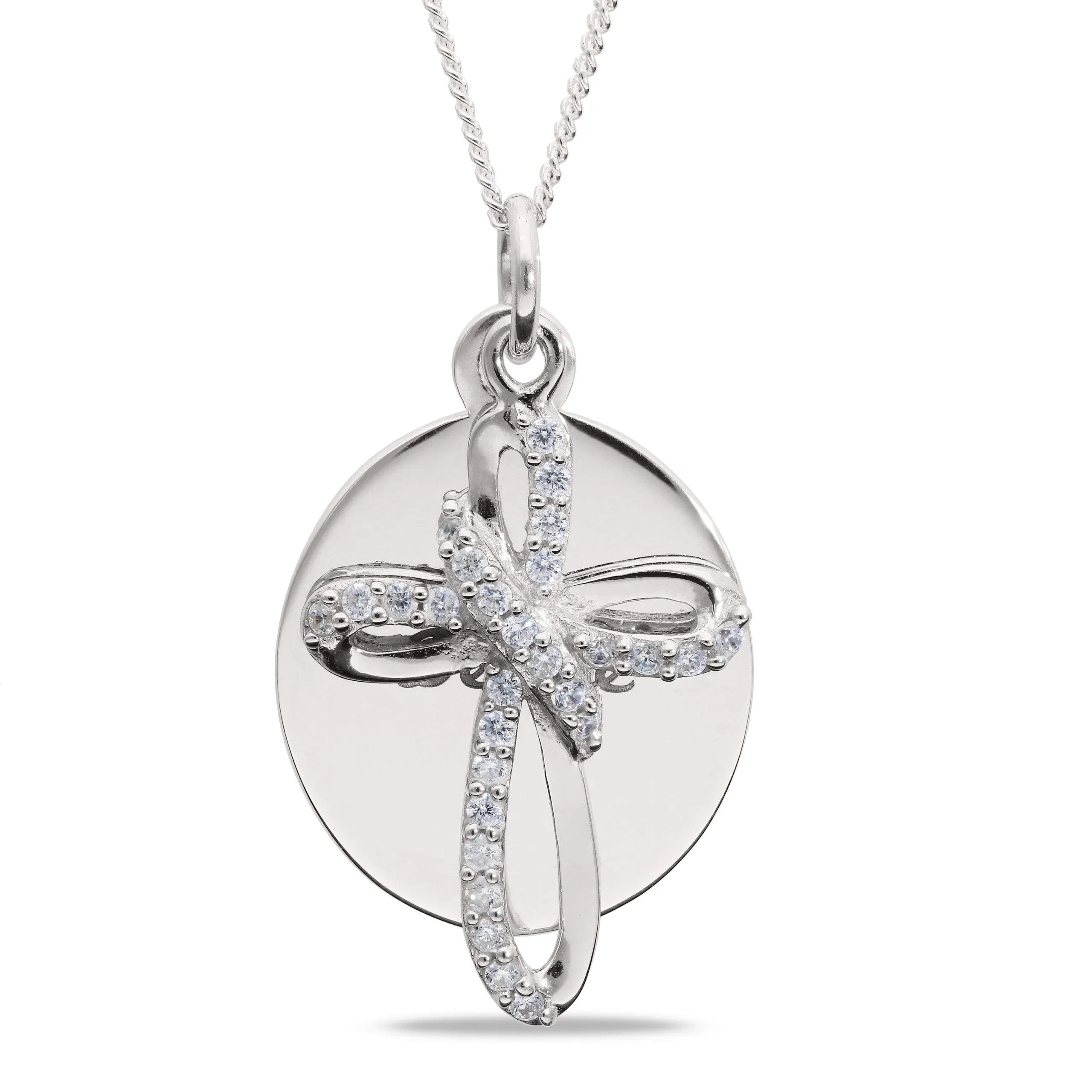 Personalised Oval Disc Pendant with CZ Cross Necklace in Silver