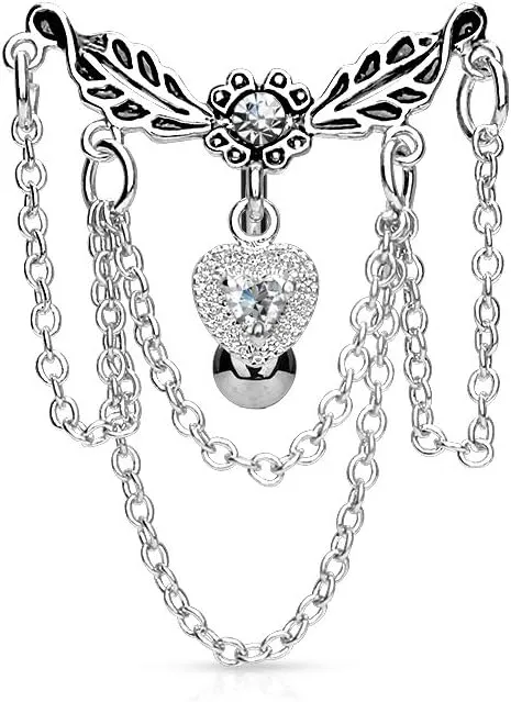 Pierced Owl 14GA 316L Surgical Steel Leaflet Chandelier Chained Heart Top Down Dangling Belly Button Ring