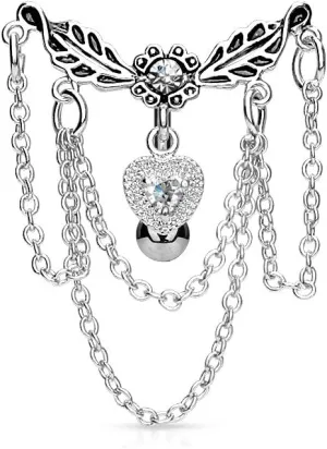 Pierced Owl 14GA 316L Surgical Steel Leaflet Chandelier Chained Heart Top Down Dangling Belly Button Ring