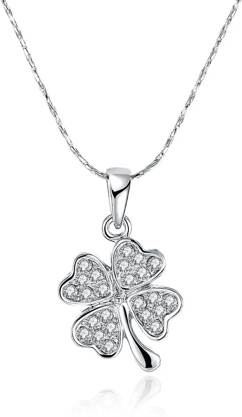 Platinum plated Four Leaf Clover Pendant Necklace, Heart Leaves Paved with Cubic Zirconium Diamond Gift for Women 18" 2" extension chain