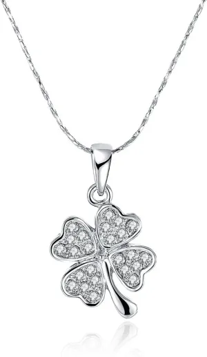Platinum plated Four Leaf Clover Pendant Necklace, Heart Leaves Paved with Cubic Zirconium Diamond Gift for Women 18" 2" extension chain