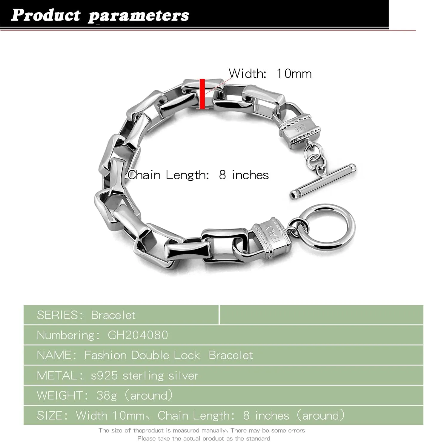 Punk Men & Woman Solid Silver Bracelet Jewelry 925 Sterling Silver Rolo Chain 10MM 7 "8" 9 "10" Charm Lock Bangle Hip Hop Accessories