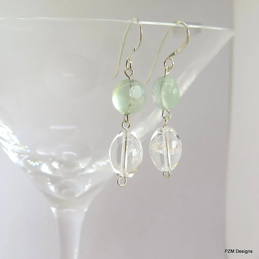 Rainbow Fluorite Drop Earrings with Quartz Crystal