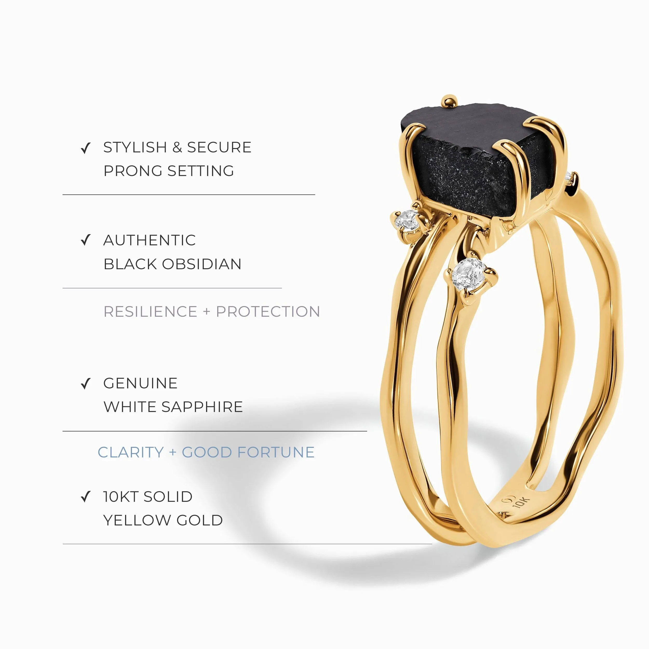 Raw Crystal Solid Gold Ring - Flow Black Obsidian