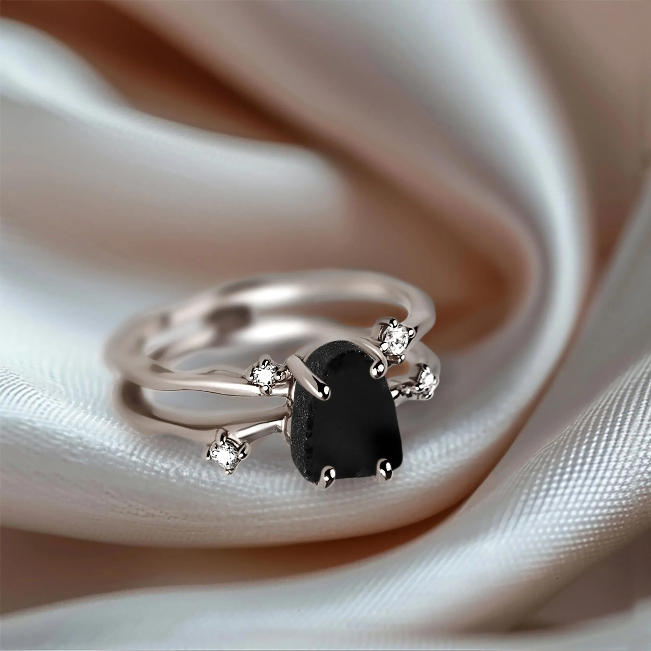 Raw Crystal Solid Gold Ring - Flow Black Obsidian