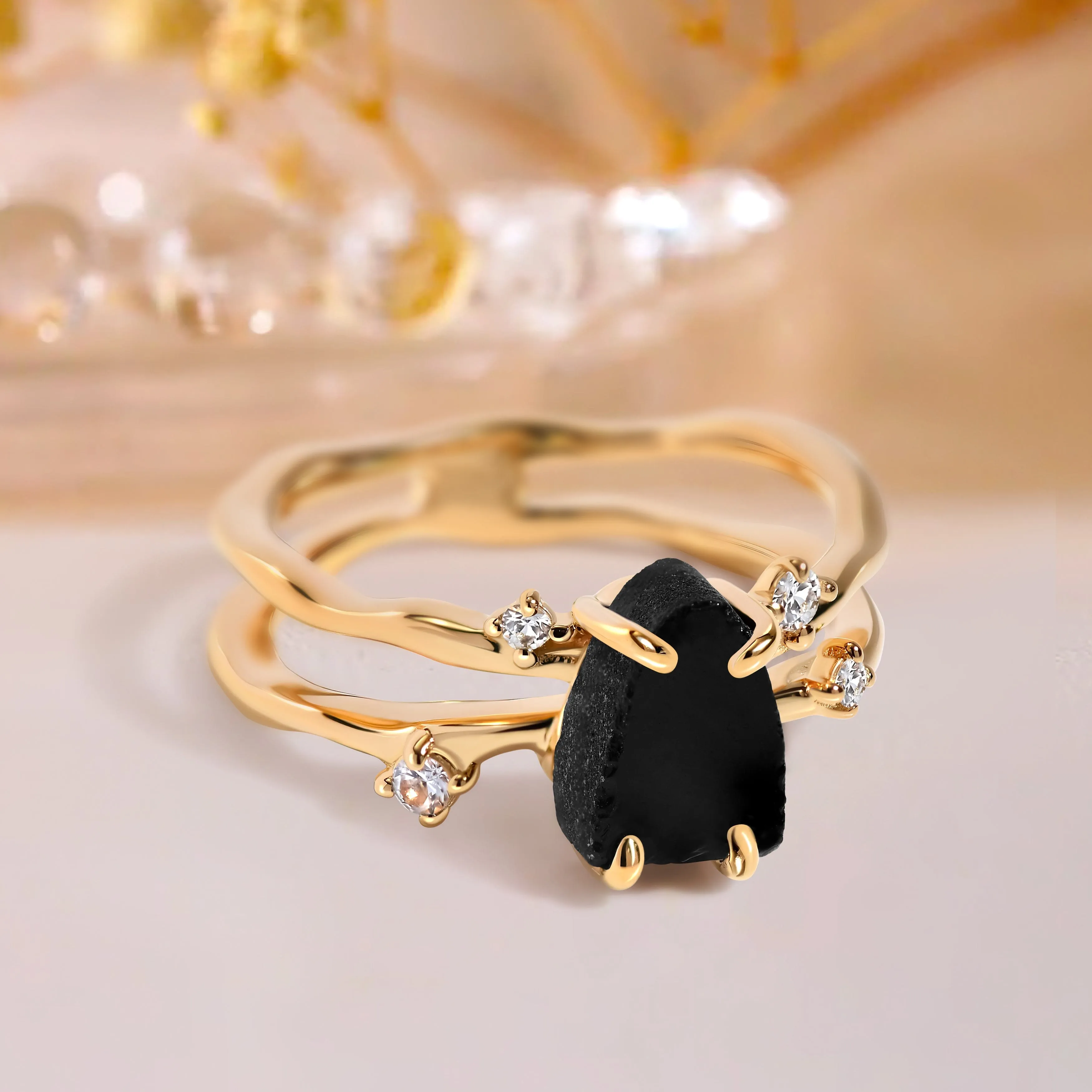 Raw Crystal Solid Gold Ring - Flow Black Obsidian